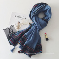 Retro national style hijab scarf cotton and line material color border tassel scarf